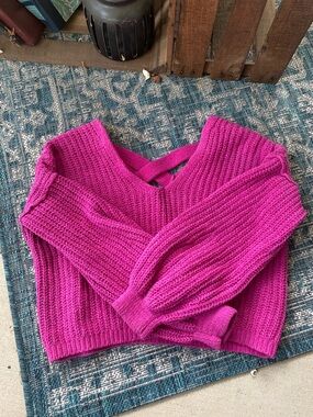 Pink Republic V-Neck Knit Sweater in Bright Fuchsia